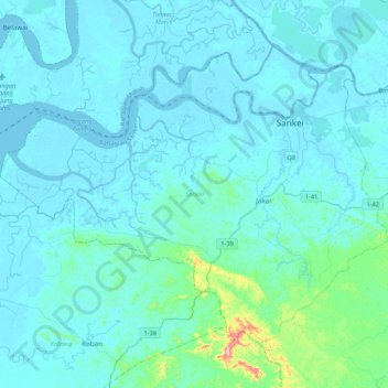 Sarikei topographic map, elevation, terrain