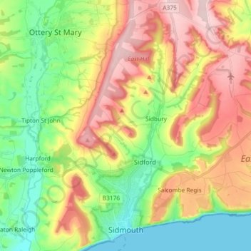 Sidmouth topographic map, elevation, terrain
