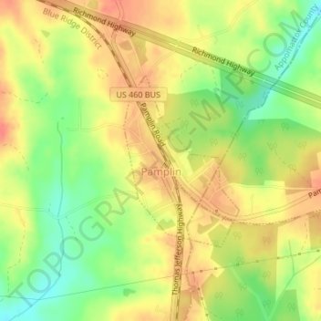 Pamplin City topographic map, elevation, terrain