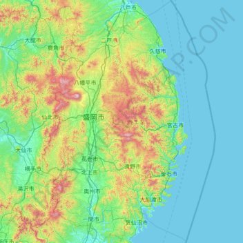 Iwate Prefecture topographic map, elevation, terrain