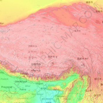 Tibet topographic map, elevation, terrain