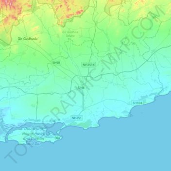 Una Taluka topographic map, elevation, terrain
