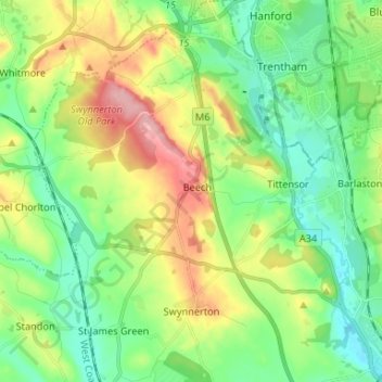 Swynnerton topographic map, elevation, terrain