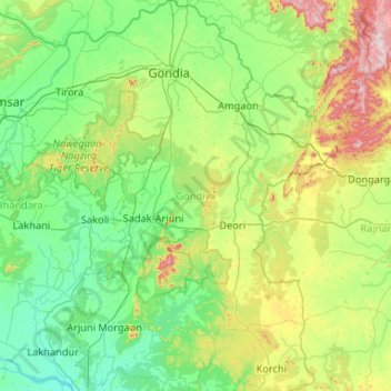 Gondiya topographic map, elevation, terrain