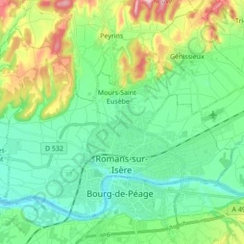 Romans-sur-Isère topographic map, elevation, terrain