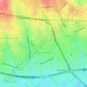 Huzurevleri Mahallesi topographic map, elevation, terrain