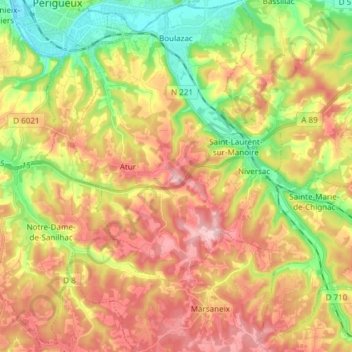 Boulazac Isle Manoire topographic map, elevation, terrain