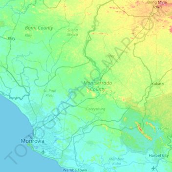 Montserrado County topographic map, elevation, terrain