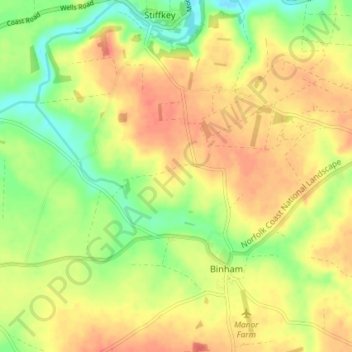 Binham topographic map, elevation, terrain