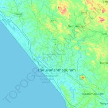Thiruvananthapuram topographic map, elevation, terrain