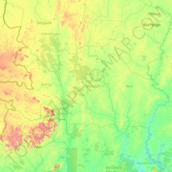 Woroba topographic map, elevation, terrain