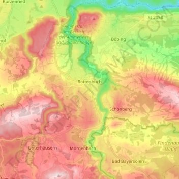 Rottenbuch topographic map, elevation, terrain