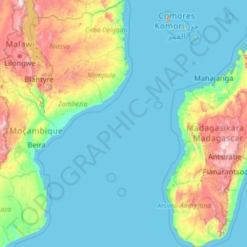 Canal du Mozambique topographic map, elevation, terrain