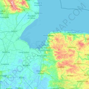 Norfolk Coast National Landscape topographic map, elevation, terrain