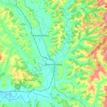 Buonconvento topographic map, elevation, terrain