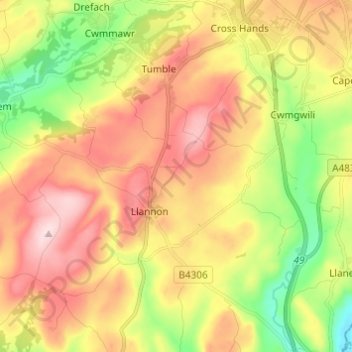 Llannon topographic map, elevation, terrain