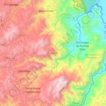 Zoquitlán topographic map, elevation, terrain