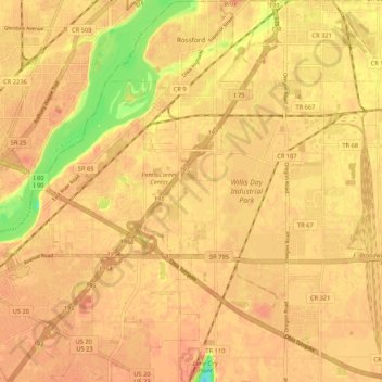 Rossford topographic map, elevation, terrain
