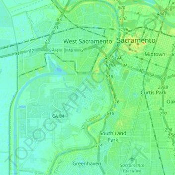 West Sacramento topographic map, elevation, terrain