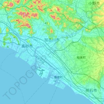 Kakogawa topographic map, elevation, terrain