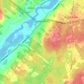 Sydney River topographic map, elevation, terrain