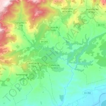 Cuacos de Yuste topographic map, elevation, terrain