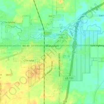 Waupun topographic map, elevation, terrain