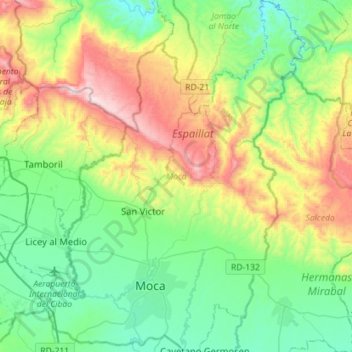 Moca topographic map, elevation, terrain