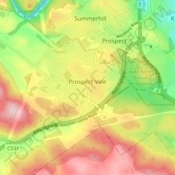 Prospect Vale topographic map, elevation, terrain