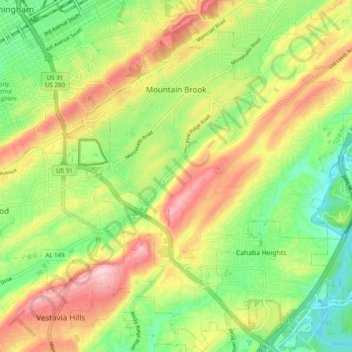 Mountain Brook topographic map, elevation, terrain