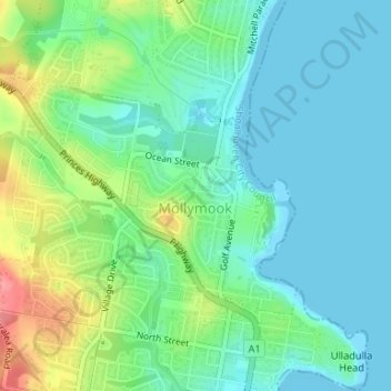 Mollymook topographic map, elevation, terrain