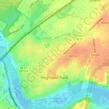 Highland Park topographic map, elevation, terrain