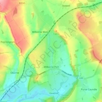 Milborne Port topographic map, elevation, terrain