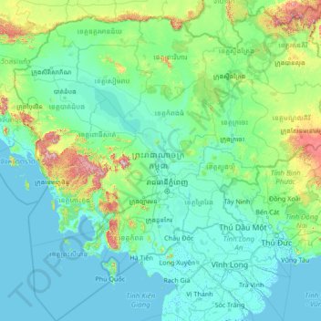 Cambodia topographic map, elevation, terrain