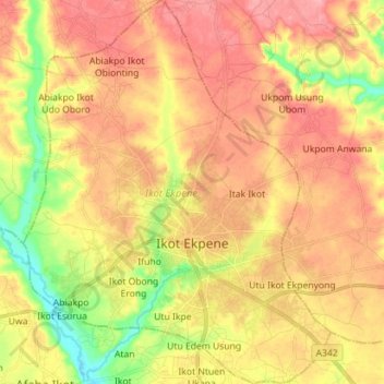 Ikot Ekpene topographic map, elevation, terrain