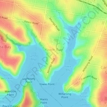 Yowie Bay topographic map, elevation, terrain