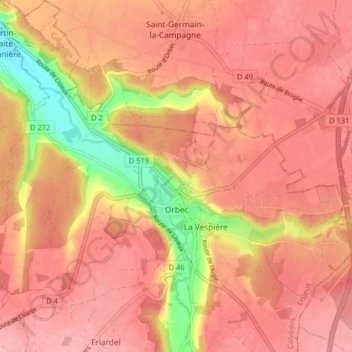 Orbec topographic map, elevation, terrain