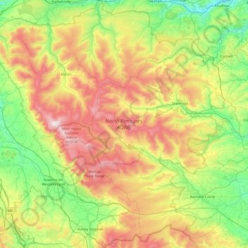 North Pennines AONB topographic map, elevation, terrain