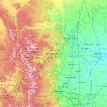 Roosevelt National Forest topographic map, elevation, terrain