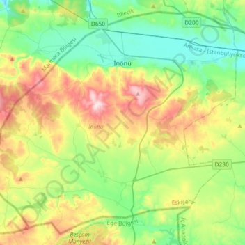 İnönü topographic map, elevation, terrain