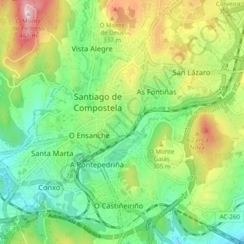 Santiago de Compostela topographic map, elevation, terrain