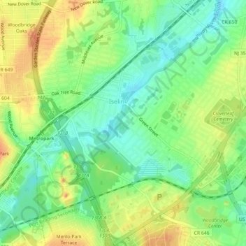 Iselin topographic map, elevation, terrain