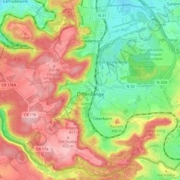 Differdange topographic map, elevation, terrain