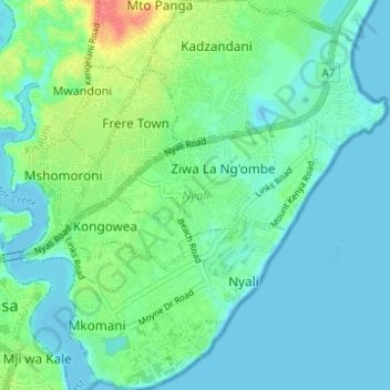 Nyali topographic map, elevation, terrain
