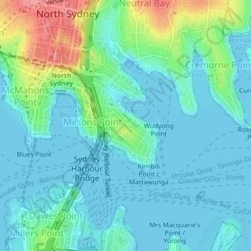 Kirribilli topographic map, elevation, terrain