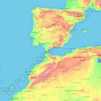 Detailed elevation map of Portugal with cities, Portugal