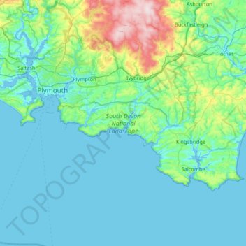 South Devon National Landscape topographic map, elevation, terrain