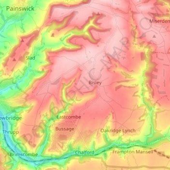 Bisley-with-Lypiatt topographic map, elevation, terrain