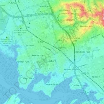 Manurewa topographic map, elevation, terrain