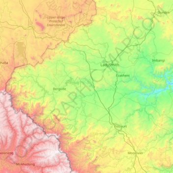 Uthukela District Municipality topographic map, elevation, terrain